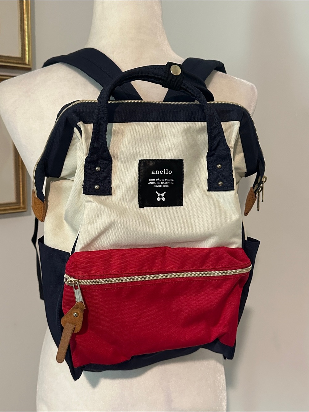Anello Kuchigane Unisex Colorblock Canvas Backpack - Navy, Cream & Red